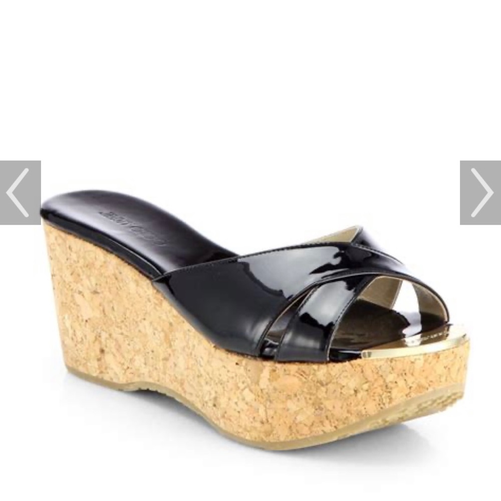 NWOT Jimmy Choo Prima Patent Cork Wedge Sandals